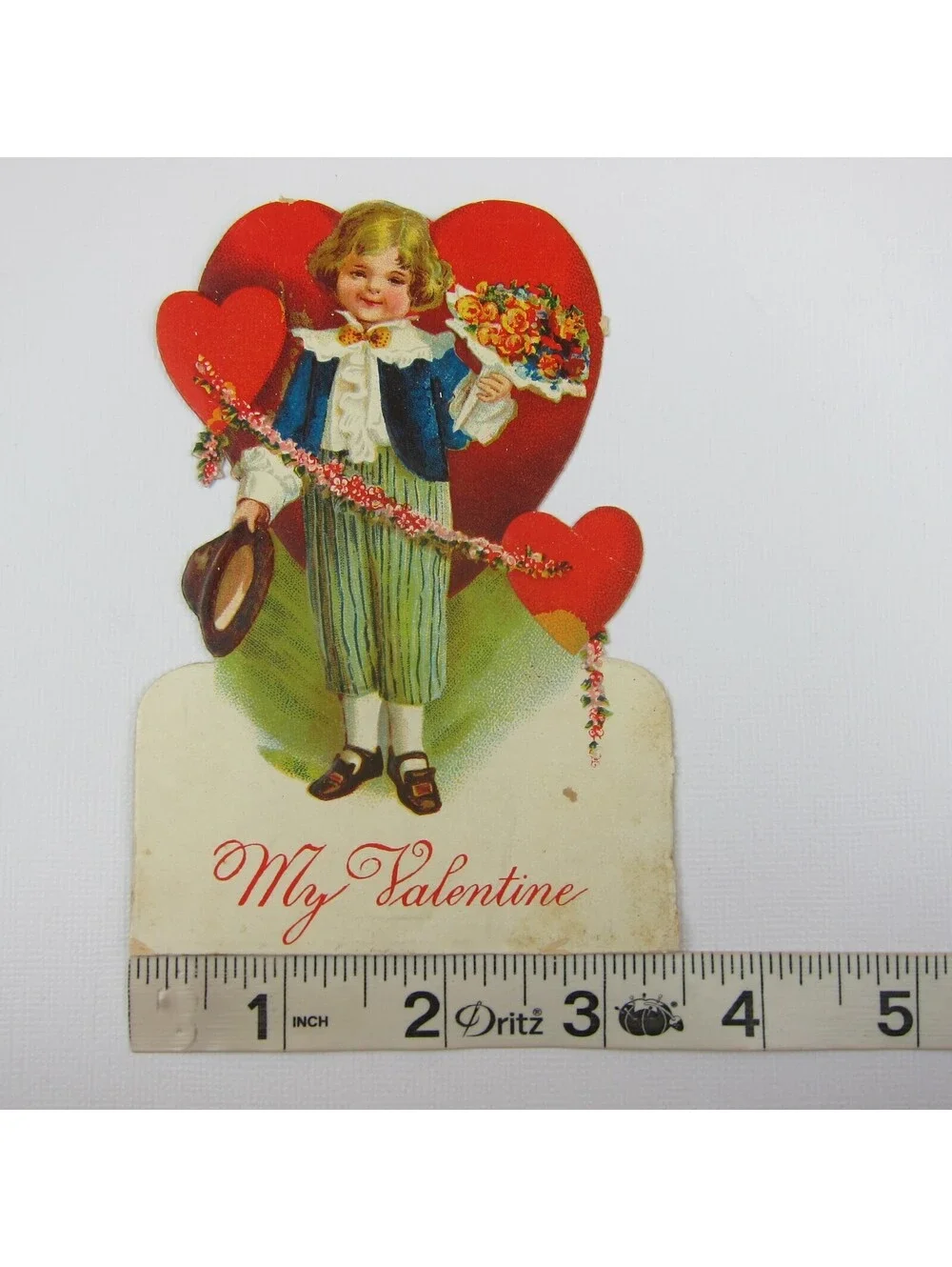 Antique Valentine Card Die Cut Blonde Boy Suit & Hat Bouquet Flowers Red Hearts